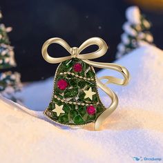 OrcaJump - Elegant Festive Christmas Bell Brooch - Crafted from High-Quality Alloy with Exquisite Zirconia Accents Christmas Brooch Jewelry Gift, Christmas Holiday Brooch Jewelry, Christmas Holiday Jewelry Brooch, Christmas Gift Brooch Jewelry, Christmas Gift Jewelry Brooch, Green Christmas Brooches For Gifts, Green Christmas Brooches As Gifts, Gold Brooches For Christmas Gift, Christmas Bell