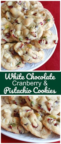 white chocolate cranberry and pistachio cookies on a red tablecloth with text overlay