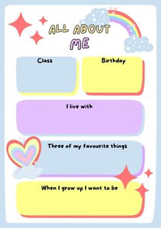 an all about me poster with rainbows and clouds