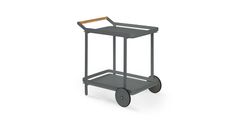 a small gray cart with wheels and a wooden handle on the top, sitting against a white background