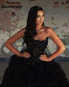 Black Luxury Fluffy Prom Dresses Sleeveless High Split Tulle Ruffles Crystals Shiny Women Long Md Dresses, Long Gowns, Strapless Evening Dress, Soiree Dress, Detachable Train, Classy Prom Dresses, Sequin Dresses, Long Prom Gowns, Evening Party Gowns