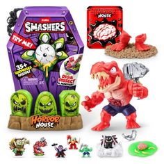 the toys are all in different colors and sizes, including an action figure with fangs