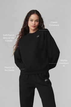 This best seller is cozy, comfortable, cute and done in classic neutrals and on-trend colors—each finished with a chrome Alo logo. It has a classic crewneck, ribbed cuffs and hem, and a laid-back dropped-shoulder fit. It’s made from midweight French terry that’s smooth on the outside and fleecy on the inside with the perfect drape. Pair with the Accolade sweatpants to make a matching set—and get one for your bestie, sibling, or partner, if you’re into that. Basic Sweats With Ribbed Cuffs, Everyday Basic Sweater With Ribbed Cuffs, Trendy Black Sweats With Ribbed Cuffs, Classic Crew Neck Sweats For Loungewear, Classic Sweatshirt With Ribbed Cuffs For Loungewear, Classic Crew Sweats With Ribbed Cuffs, Classic Sweats For Fall Loungewear, Classic Sweats For Loungewear In Fall, Classic Fall Sweats For Loungewear