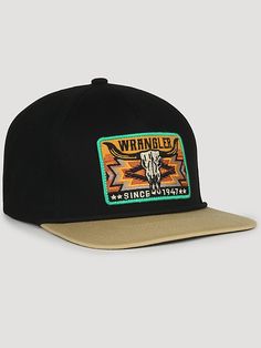 High profile Structured Full fabric Flat visor with cord Snap Optimal cotton twill Western Style Black Baseball Cap For Outdoor, Black Western Style Baseball Cap For Outdoor, Country Hats, Cheap Hats, Wrangler Accessories, Western Wear Outfits, Printed Canvas Tote Bag, Southwestern Print, Country Clothing