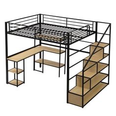 a metal bunk bed with stairs and shelves on the bottom level, against a white background