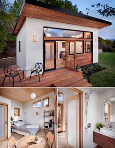 two pictures show the inside and outside of a small house