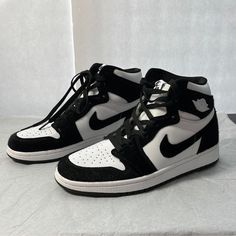 Nike Air Jordan One Retro High Og Panda Women White Leather & Black Calf Hair Size 7 Worn Once Jordan One, Jordan Ones, Air Jordan 1 Mid, Calf Hair, Nike Air Jordan, Black Nikes, Womens Shoes Sneakers, White Leather, Air Jordan