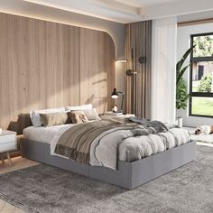 a bedroom with a large bed and wooden walls