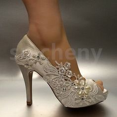 su.cheny 3" 4" heel satin white ivory lace pearls peep toe Wedding Bridal shoes | eBay Wedding Shoes Pumps, Pearl Wedding Shoes, Crystal Wedding Shoes, Shoes Bride, Wedding Shoes Bride, Bridal Heels, Light Ivory, Silk Lace, Ivory Silk