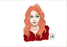 a drawing of a woman with red hair and green eyes