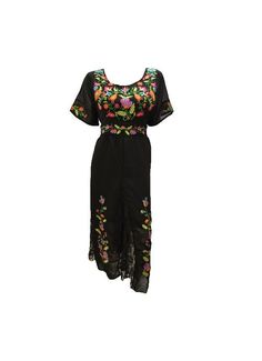 Material: Polyester- Lining to knees: 100% Cotton Size: M- Bust: 38''- Sleeve length: 9''- Length: 49'' Size: L/XL- Bust: 40''- Sleeve length: 9''- Length: 49'' - Boho - Gothic  - Lace panels - Floral embroidery - Fit & Flare - Scoop neck - Slight sheer Material( Below waist)  - 3/4 Lining to knee -Elasticated waist( back as shown in picture) (4930) Festive A-line Dress With Floral Embroidery, Spring Festive Embroidered Maxi Dress, Traditional A-line Embroidered Dress, Summer Festive A-line Dress, Long Embroidered Multicolor Dresses, Long Multicolor Embroidered Dress, Fitted Short Sleeve Embroidered Midi Dress, Embroidered Maxi Dress For Summer Evening, Festive Maxi Length Embroidered Dress With Floral Details