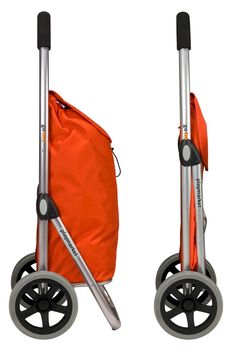 an orange bag sitting on top of a metal rolling cart next to another orange bag