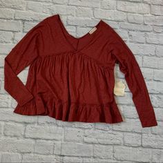 Nwt Altar’d State Deep V Neck Long Sleeve Frill Shirt Size Small Red Loose Fit V Shape On Front And Back Tiered/Frill Design On Body Lightweight Could Be Dressed Up Or Down Approximate Measurements From Flat Lay: 20” Bust 23.5” Length Red V-neck Shirt For Fall, Casual Fitted Red Long Sleeve Top, Casual Red Long Sleeve Top For Spring, Casual Red Tops For Fall, Frill Shirt, Floral Peasant Top, Sheer Mesh Top, White Crop Top Tank, Lace Trim Blouse