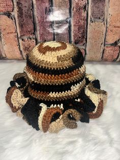 Handmade crochet beanie with ruffle brim. Crochet Beanie Hat For Beach In Fall, Brown Crochet Knitted Hat For Spring, Spring Brown Crochet Hat One Size, Spring One Size Brown Crochet Hat, Brown Bohemian Crochet Cap, Brown Hand-knitted Crochet Hat For Beach, Brown Hand Knitted Crochet Hat For Beach, Brown Crochet Hat With Short Brim, Brown Bohemian Crochet Hat