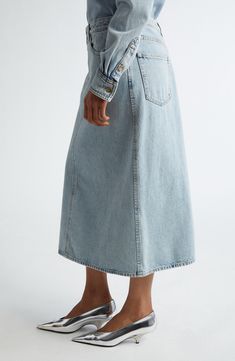 Upgrade a staple to more refined status with this Italian-made midi cut from organic cotton denim in a classic five-pocket style. 27" center front length (size 0US/32EU) Zip fly with button closure Five-pocket style Unlined 100% organic cotton Dry clean or machine wash, line dry Made in Italy Medium Wash Midi Skirt For Spring, Spring Midi Skirt In Medium Wash, Spring Medium Wash Midi Skirt, Spring Midi Length Skirt In Medium Wash, Spring Midi Length Medium Wash Skirt, Relaxed Fit Straight Leg Denim Skirt For Fall, Fall Relaxed Straight Leg Denim Skirt, Midi Length Denim Skirt With Pockets For Spring, Fitted Midi Length Denim Skirt