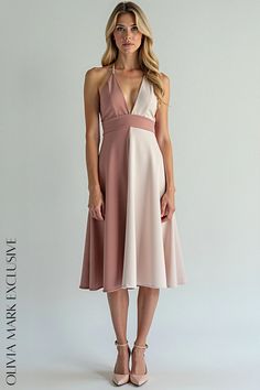 Olivia Mark - Elegant Halter Neck Midi Dress in Blush and Dusty Rose - A Sophisticated Two-Tone Fashion Statement Halter Neck Midi Dress, Understated Luxury, Olivia Mark, Dusty Rose, Halter Neck, Neck Designs, Elegant Dresses, Fashion Statement, Two Tone