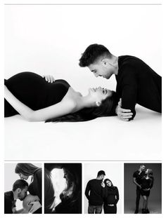 a man kissing a woman on the cheek in front of a white background with black and white photos