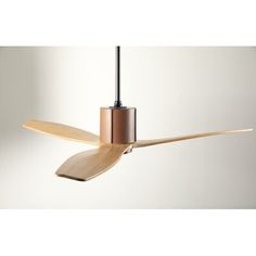 a ceiling fan with wooden blades hanging from it's center blade and light fixture