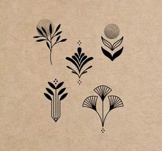 four black and white designs on a piece of paper with the words, plant life