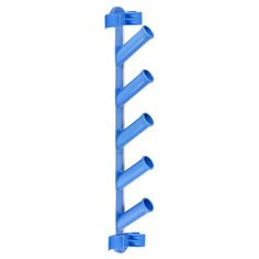 a blue plastic rack with four hooks on it