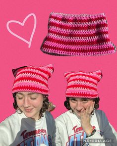 pink & red cat hat crocheted by me! i am a 20 year old college student paying my way through school who loves fiber arts! i take custom orders, just send me a message! please keep in mind the time it took to make & the cost of materials:) yarn is a super wash wool blend.  ships within one-two days! free shipping! stretchy yarn!  measurements: 8.5 inches long 11 inches wide Red Cat Beanie, Pink Cat Beanie, Pink Crochet Cat Hat, Red Handmade Crochet Hat, One Size, Hand-knitted Pink Crochet Cap, Crocheted Cat, Crochet Cat Hat, 20 Year Old, Red Cat