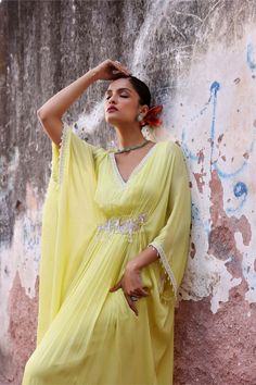 Seema Thukral | Manat Neon Green Draped Kaftan | INDIASPOPUP.COM Draped Kaftan, Green Kaftan, Chiffon Embroidery, Kaftan Pattern, Green Drapes, Kaftan For Women, Indian Wedding Wear, Applique Embroidery, Satin Color