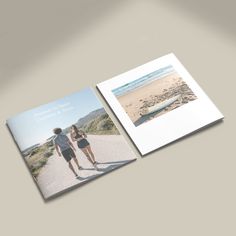 two book covers with an image of people walking on the beach