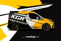 a yellow and black van is shown with the word kkrr on it's side