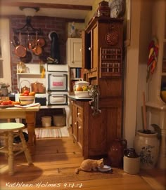 a cat laying on the floor in front of a wooden cabinet and kitchen counter top