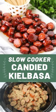 how to make crockpot candied kielbasa, kelbasa, keilbasa recipe Candied Kielbasa, Potluck Recipes Crockpot, Kielbasa Appetizer, Crockpot Appetizers, Kielbasa Recipes, Meat Appetizers, Potluck Dishes, Quick Appetizers, Tailgate Food