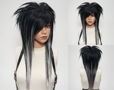 Black and White Emo Scene Kid Wig - Anime Cosplay, Layered Shag Style, Side Part Bangs, Alternative Goth Punk Rocker Wig Products Informations * Cap size: Average (54-56cm) with elastic and hook for size adjustment; custom sizing available upon request. * Premium quality heat resistant synthetic hair, can style with the electrical tool that has heat control. (under 180o) * Side swiped bangs * Colour - Black fire red. * The length - Around 18 inches long. * Handcrafted and styled professionally b Scenemo Hair, Bangs Alternative, Goth Wig, Straight Long Wig, Side Part Bangs, Wig Products, Scene Wig, Black Haircut, Edgy Hair Color