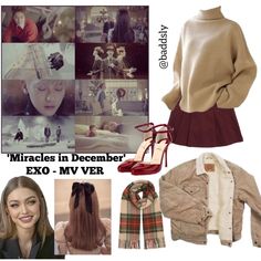 a collage of photos with different outfits and accessories including shoes, sweaters, scarves, jackets