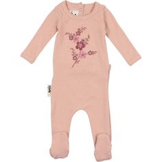 Floral Embroidered Footie, Mauve - Maniere Rompers | Maisonette Pink Long Sleeve Footie For Bedtime, Spring Cotton Footie For Loungewear, Spring Long Sleeve Footie For Bedtime, Fitted Cotton Footie For Loungewear, Spring Season Cotton Sleep Footie, Spring Embroidered Cotton Sleepwear, Spring Cotton Sleepwear With Floral Embroidery, Spring Bedtime Footie, Cotton Sleepwear With Floral Embroidery For Spring