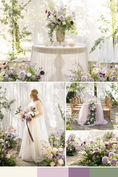 a collage of photos with flowers and greenery in the background, including a bride's dress