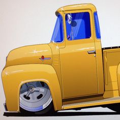 an old yellow truck is painted in the style of pop art, with blue tinted paint and chrome rims