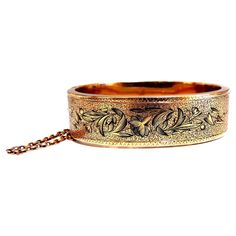 Antique Child's Bangle Bracelet Intricate Engraving Details Durable, Well Made 14kt. yellow gold 25.2 Grams. Should fit 5 inch wrist, please see measurements of inner: 1.5 x 2 inches 16mm wide bangle