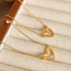 ASYMMETRIC HOLLOW HEART NECKLACE Gold Plated Double Heart Necklace, Gold Plated Double Heart Necklace For Mother's Day, Dainty Gold Plated Necklace For Valentine's Day, Tarnish Resistant Necklace For Valentine's Day, Gold Plated Heart Clavicle Chain Necklace, Gold Plated Heart Necklace With Clavicle Chain For Her, Gold Plated Heart Necklace With Clavicle Chain, Gold Plated Heart Clavicle Necklace, Gold Plated Heart Shaped Clavicle Necklace