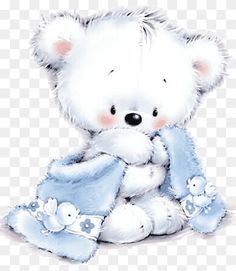 a white teddy bear with blue clothes on it's chest, sitting in front of a