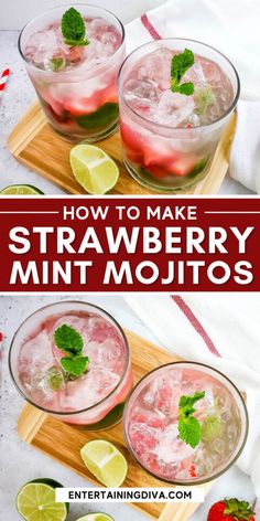 two glasses filled with strawberry mint mojits sitting on top of a cutting board