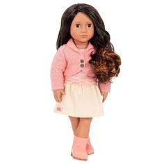 a doll with long hair wearing a pink sweater and white skirt is standing in front of a white background