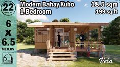 two men are standing on the porch of a tiny house with steps leading up to it