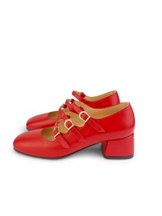 Step into timeless elegance with our 4.5 cm Block-Heeled Mary Jane Pumps, crafted from luxurious red leather. These pumps feature a classic square toe and three chic straps, offering a secure and stylish fit. Perfect for any occasion, these Mary Janes combine comfort with a touch of retro flair. Available in EU sizes 35 to 43, including options for wide widths, they cater to every foot shape, ensuring a perfect fit. Whether paired with a dress or tailored trousers, these versatile pumps will ele Luxury Square Toe Mary Janes With Heel Strap, Luxury Mary Janes With Heel Strap And Square Toe, Luxury Chic Low Heel Mary Janes, Luxury Red Square Toe Heels, Luxury Elegant Mary Janes With Low Heel, Luxury Women's Square Toe Mary Janes, Luxury Low Heel Elegant Mary Janes, Luxury Chic Mary Janes With Block Heel, Luxury Classic Mary Janes With Heel Strap