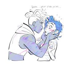 a drawing of two people with blue hair and one is touching the other's face