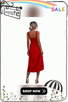 Red Square Neck Midi Calf Dress Red Solid Color Maxi Dress, Red Knee-length Midi Dress For Day Out, Red Midi Dress For Day Out, Chic Red V-neck Sundress, Casual Red A-line Maxi Dress, Red Solid Color Midi Dress For Summer, Summer Solid Color Red Midi Dress, Red Solid Color Summer Dress, Chic Red Solid Color Midi Dress