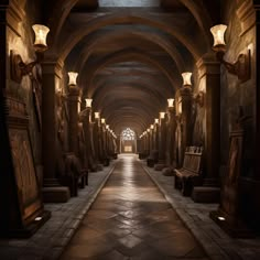 a long hallway with benches and lamps on either side of the walkway in an old building