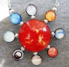 This necklace was made using photos of the solar system, glass domes, resin, sating cording, and sterling silver. It is double sided, with each side depicting different vantage points of the sun and each planet.  I have placed the planets around the sun in order, starting from the top and going around are Mercury, Venus, Earth, Mars, Jupiter, Saturn, Uranus, and Neptune.  I love the design of this necklace, it is very reminiscent of the atomic wall clocks from the 50s.   The planet orbs are 10mm and the sun orb is 30mm. The necklace measures approximately 20" in length but can be shortened by connecting the clasp to any link on the chain.  It closes with a sterling silver lobster clasp. Uranus And Neptune, Atomic Wall Clock, Star Burst, The Solar System, Double Face, Glass Domes, Wall Clocks, Sterling Silver Necklace, Solar System