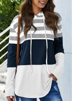 Size:XS;Size:S;Size:M;Size:L;Size:XL;Size:XXL;Size:2XL;Color:White;Color Scheme:White;Style:Casual;Decoration:Drawstring;Sleeve&apos;s Length:Long Sleeve;Pattern Type:Stripe;Neckline:Hooded collar;Clothing&apos;s Length:Long;Types:Pullovers;Washing Instructions:Hand Wash /Machine Washable;Composition:95%Polyester，5%Spandex;Package Contents:1 X Hoodie;Season:Spring;Occasion:Staycation;Clothing Length:72.00; White Long Sleeve Tops, Long Sleeve Tops For Women, Simple Sweatshirt, Christmas Tablescape, Trendy Tops For Women, Color Block Sweatshirt, Comfortable Design, Striped Hoodie, Cozy Outfit