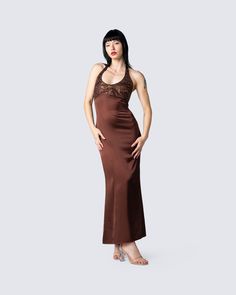 Make the outside just as beautiful as the inside while exuding elegance in this brown halter dress detailed with sequins and a tie-up back 🤎✨ Brown Dress Vintage, Brown Dress Prom, Brown Elegant Dress, Brown Party Dress, Brown Formal Dress, Brown Prom Dress, 70s Prom Dress, Long Brown Dress, Brown Satin Dress