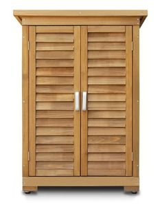 a wooden cabinet with shutters on the front and bottom doors, one door open