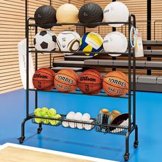 a rack with basketballs, balls and other sports equipment